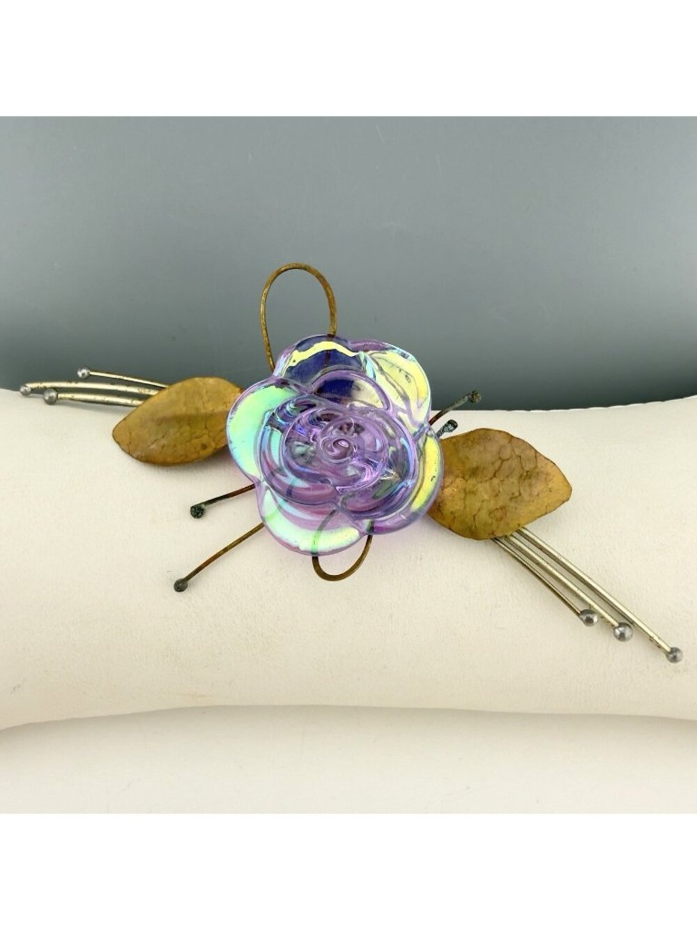 Vintage Handcrafted Flower Brooch Artisan Purple Glass Mixed Metal Steampunk 4”